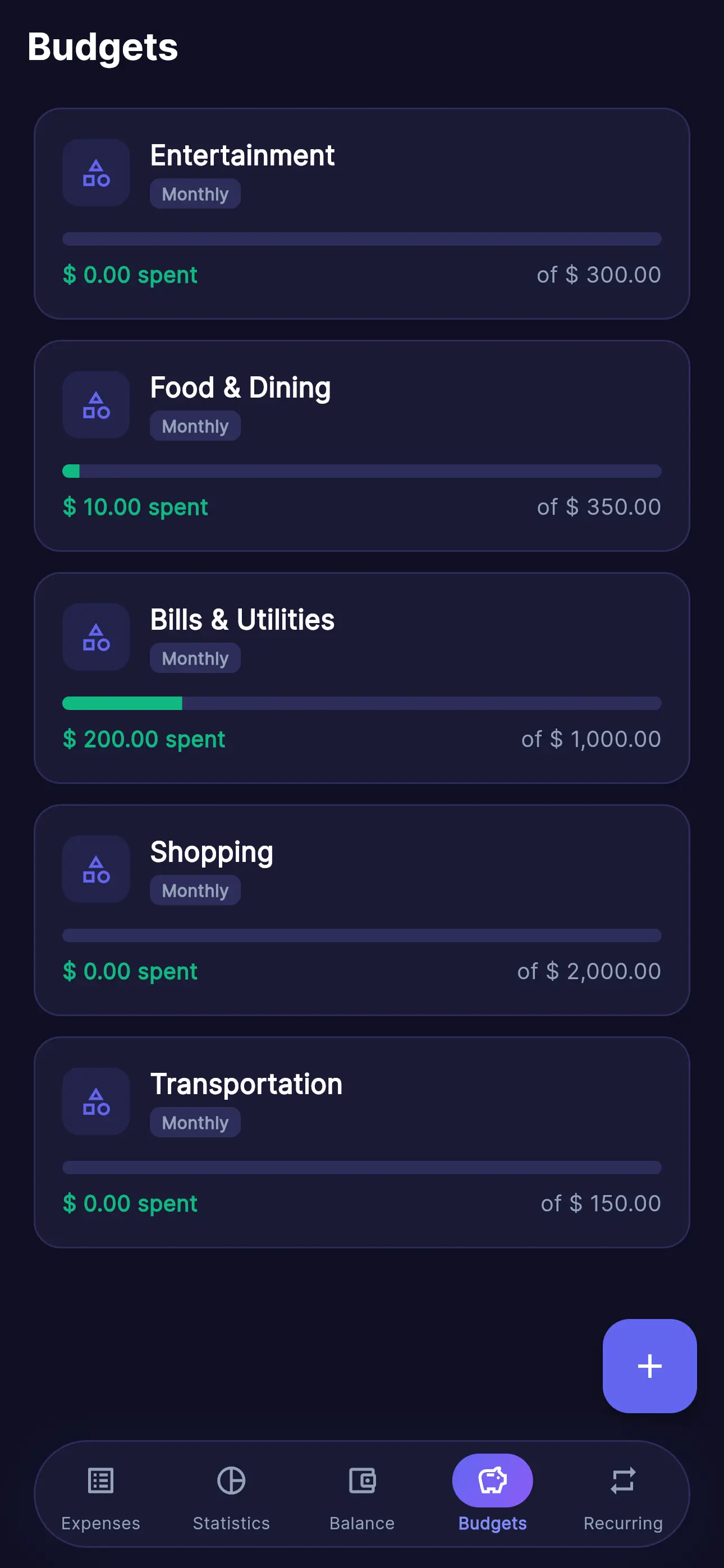 Expense Pro Manager budgets screen — weekly, monthly, and yearly category limits with visual progress